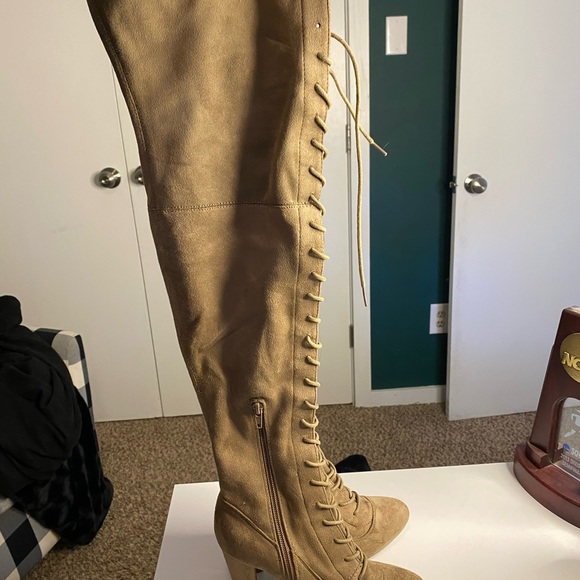 Tan Lace-Up Knee-High Women's Boots - Picture 2 of 7